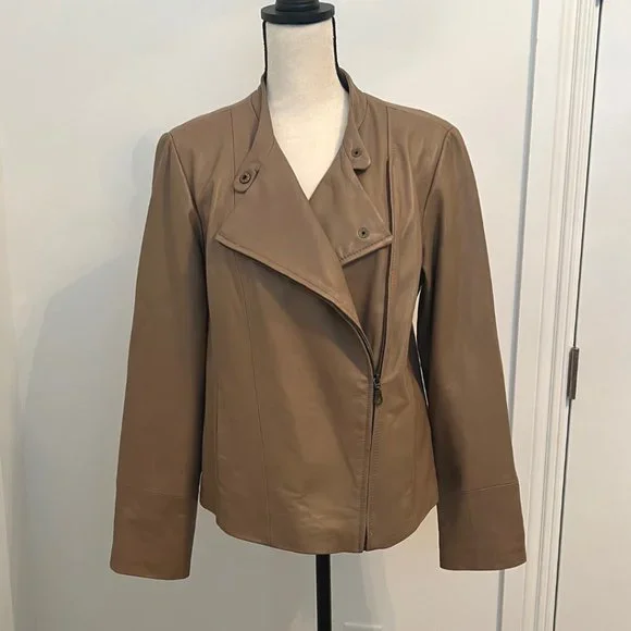 Live a Little Lamb Leather Moto Biker Jacket L Tan Camel - Picture 2 of 15
